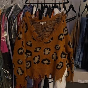 Mirella Tan Distressed Leopard V-Neck Sweater